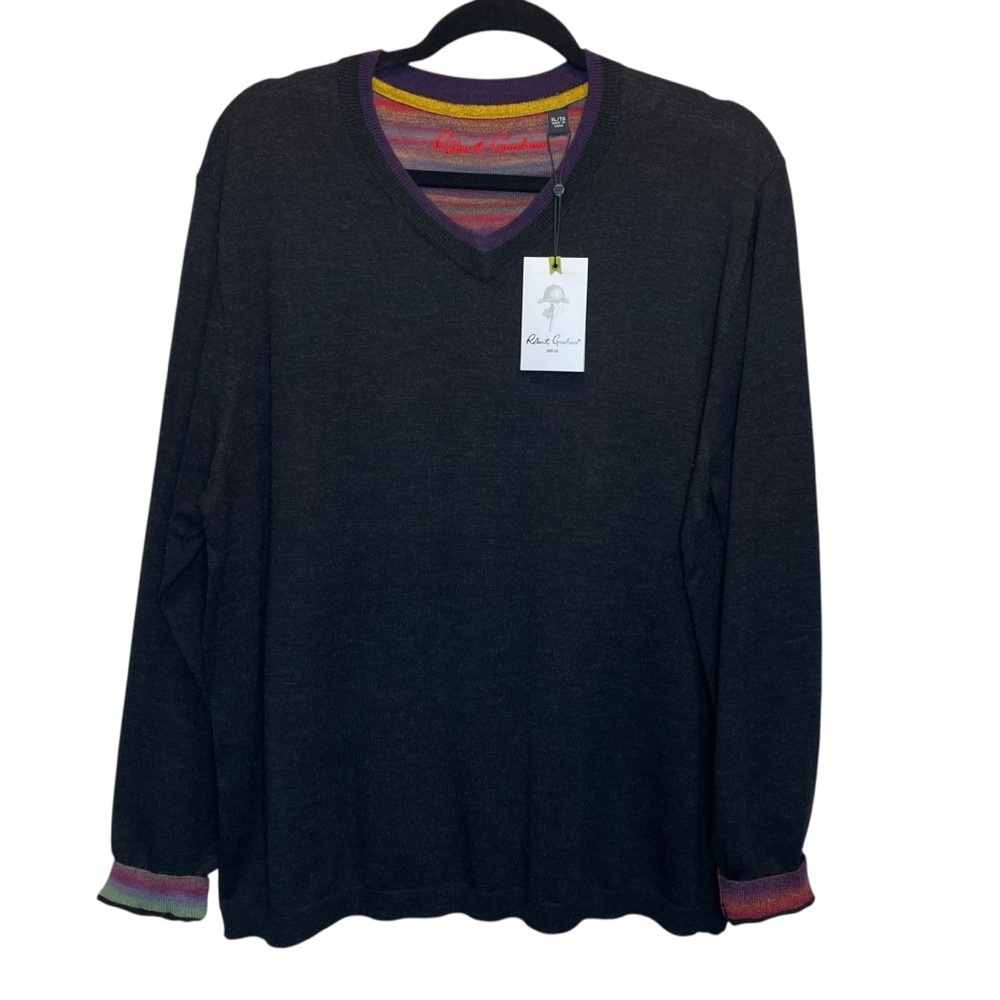 Robert Graham Pursuit Sweater Charcoal Grey 100% Wool XL NEW